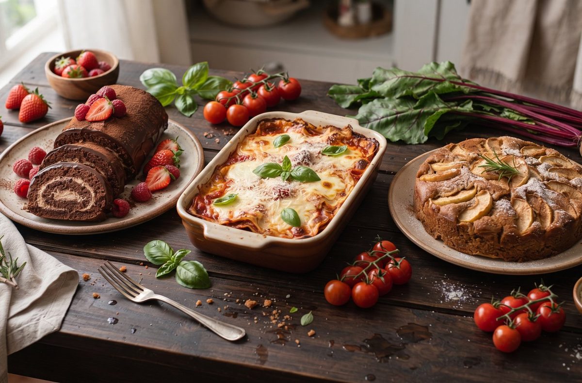 Mesa com receitas: rocambole, lasanha e torta